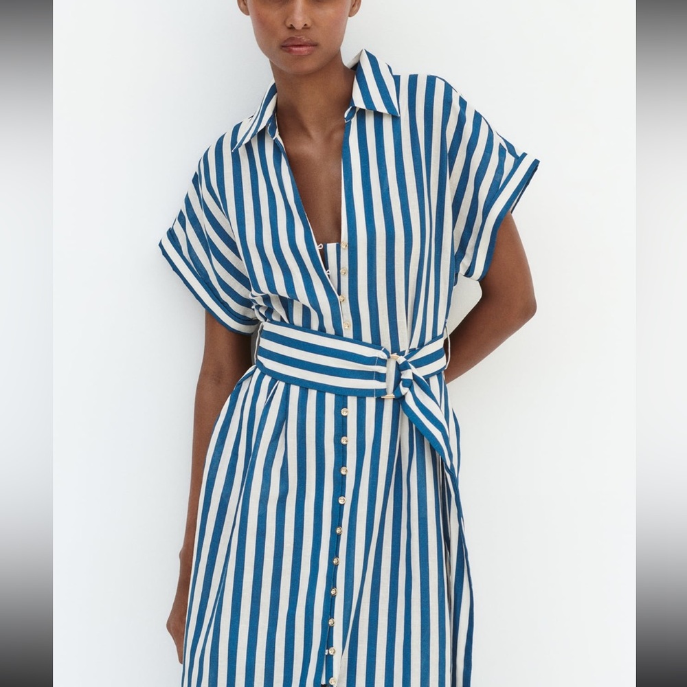 Zara limited edition linen with cotton blend buttoned midi dress with belt - Picture 5 of 10